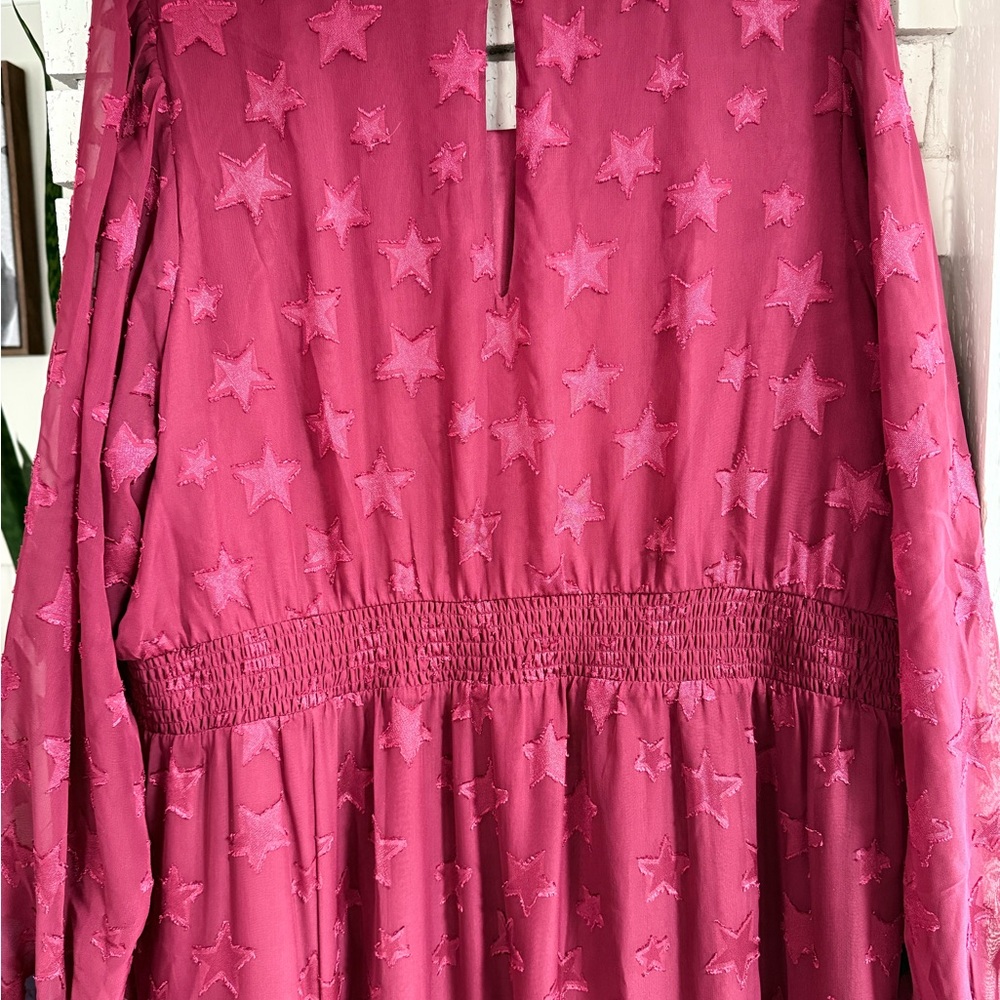 NWT Torrid Size 3X Red Purple Midi Clip Dot Star Dress Balloon Sleeves Tiered - Picture 7 of 12
